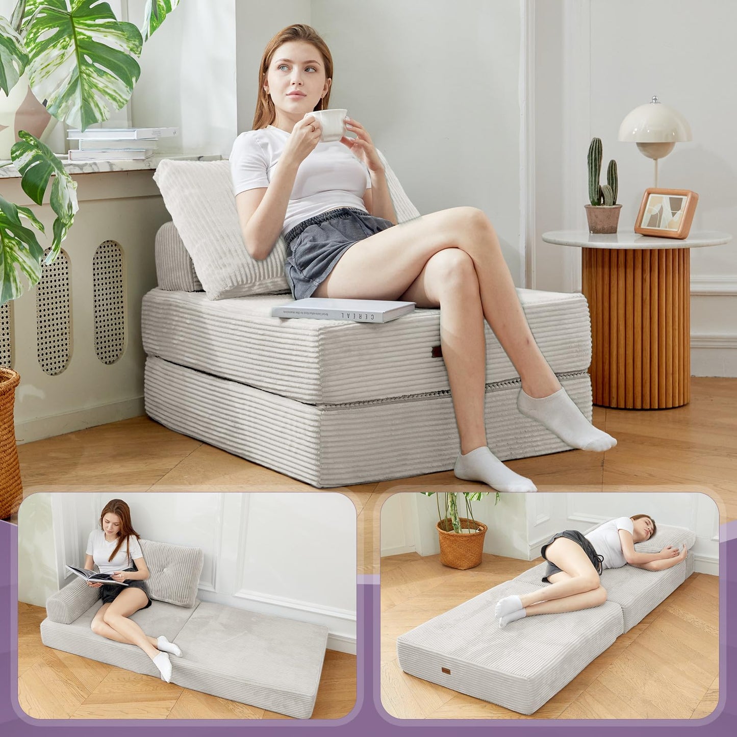 PIASHJOY Folding Sofa Bed Chair, Sleeper Chair with Pillows,Boneless Couch Sectional with High-Density Foam, Corduroy Fabric Couch,Foldable 3 in1 Mattresst for Small Space,Single, Silver Gray