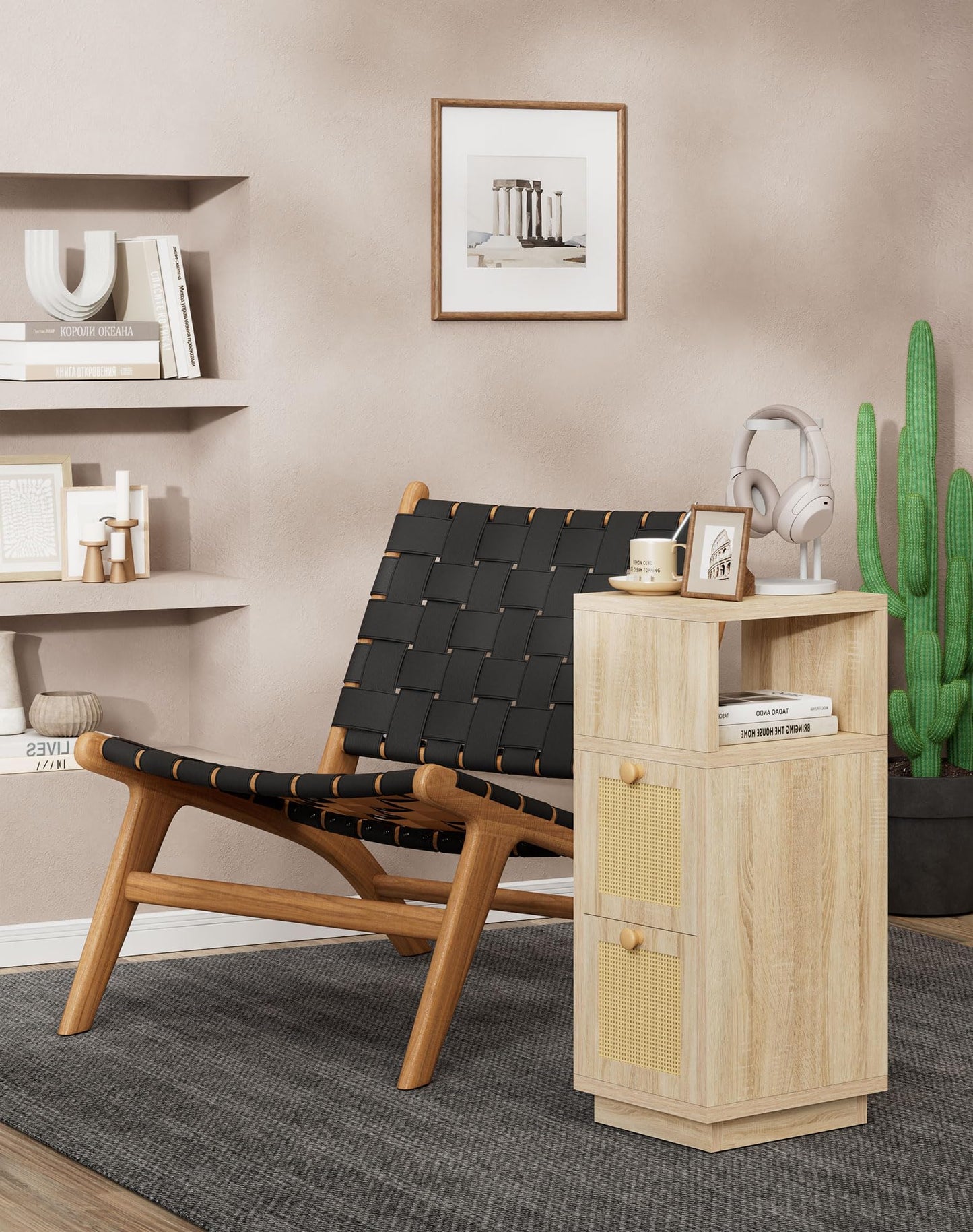 YMYNY Rattan Nightstands Set of 2, Boho Bedside Table with Open Shelf, 2 Drawers, 9.45" x 11.42" x 25.59", Narrow Side Table, Bedside Cabinet for Bedroom and Small Spaces, Natural UHST017N-2
