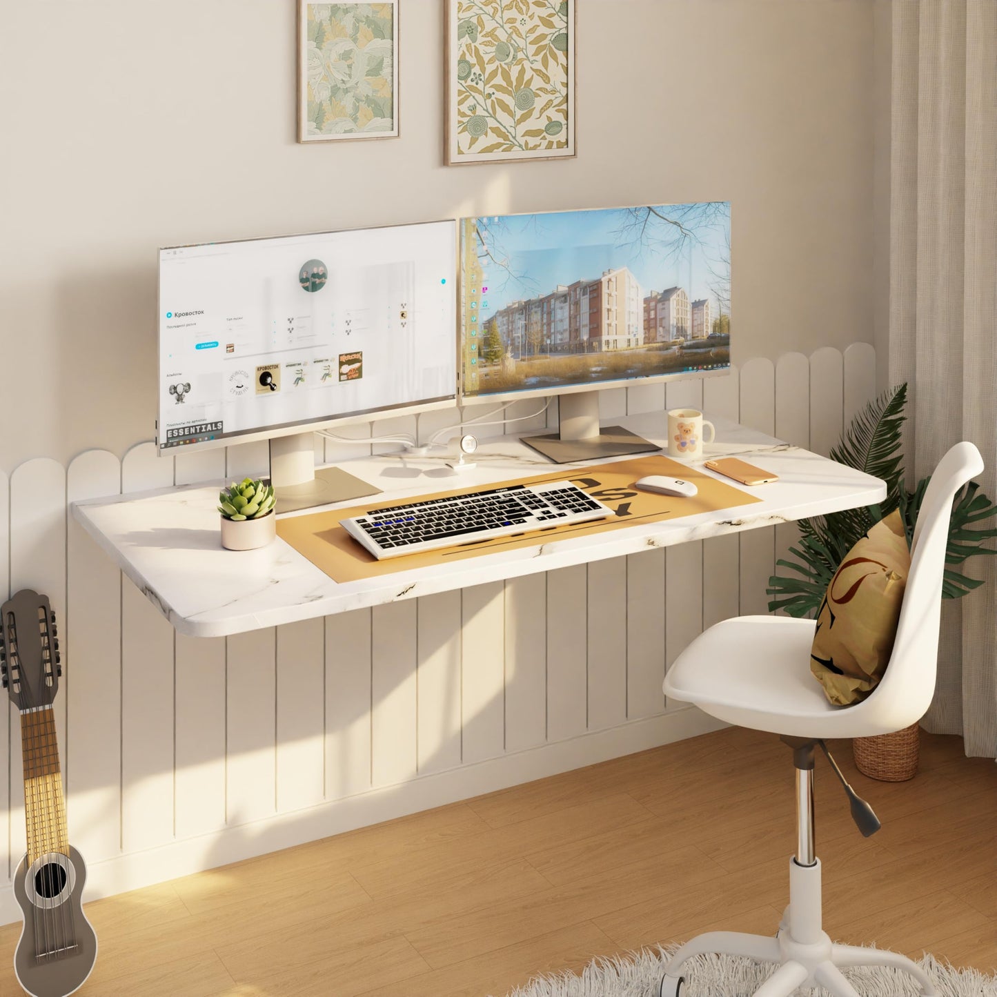 IAE Wall Mounted Floating Foldable Desk, 36" x 22" Folding Computer Workstation Table with Engineered Wood and Metal Shelf Brackets,Fold&Floating Design for Home Office, Apartment,Laundry Room, White