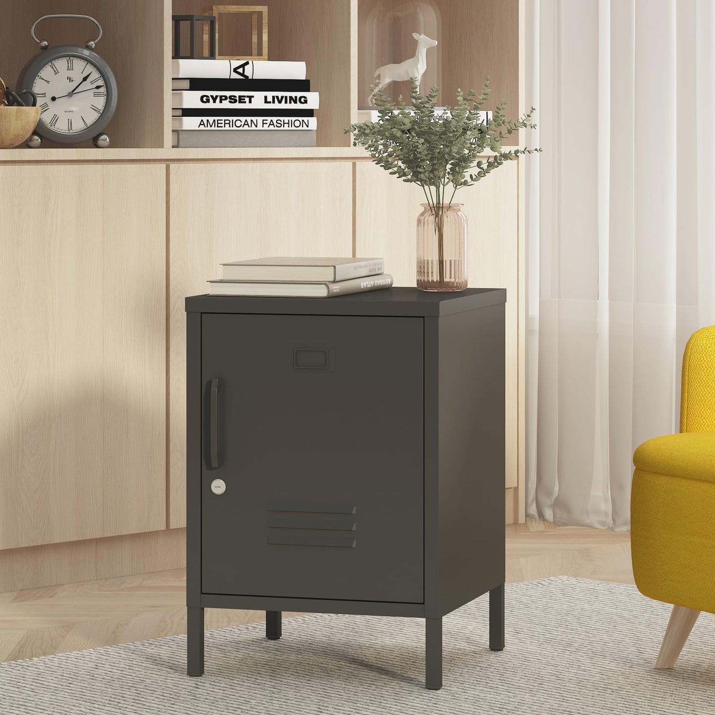 Metal Nightstand Modern End Side Table Steel Bedside Storage Cabinet with Shelf Easy Assembly for Living Room Bedroom （15.8”W x 15”D x 22.5”H ）