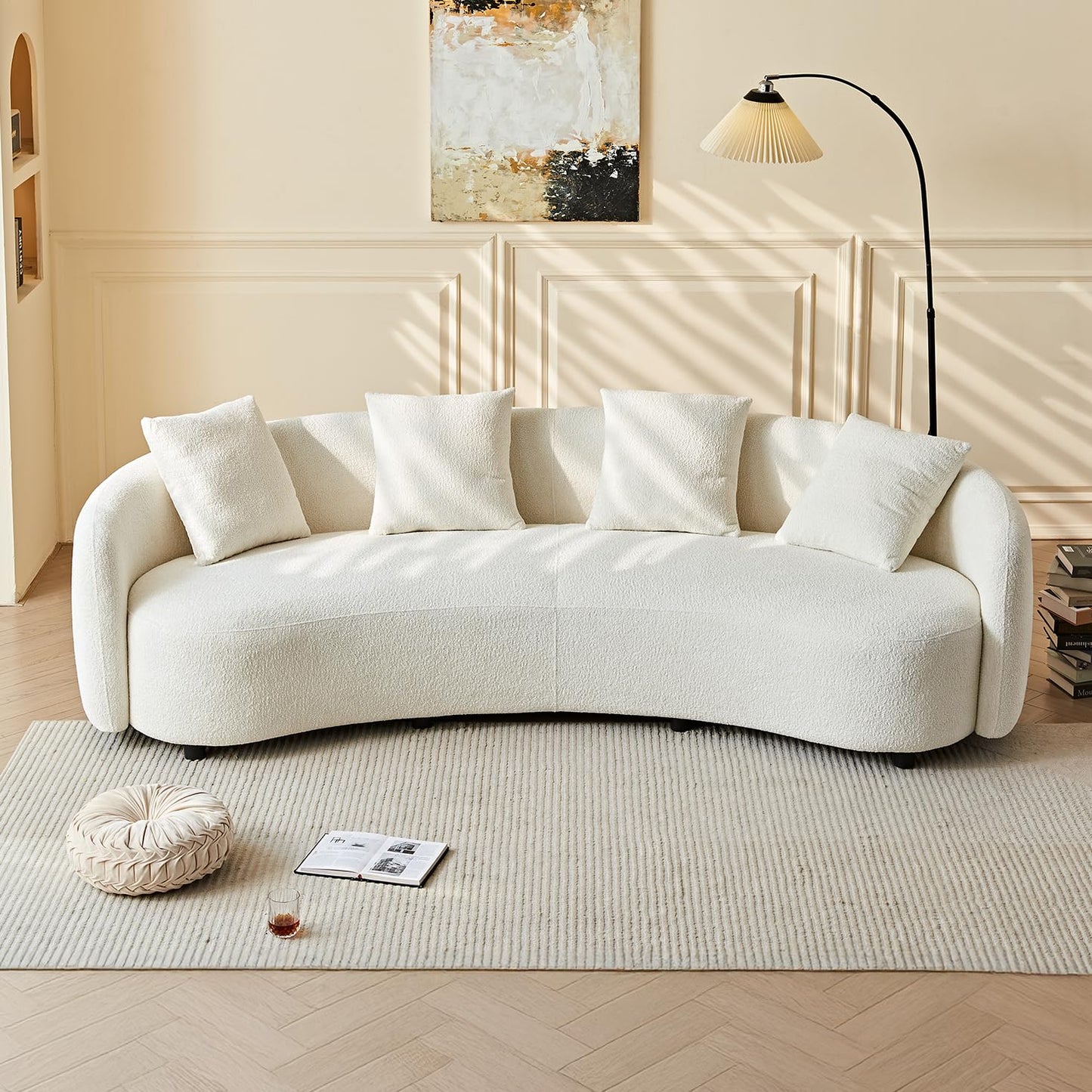 BBTJ0INT Half Moon Sofa, Curved Design Off-White Boucle Upholstered Couch for Modern Living Room, Comfy Chaise Sofa with 2 Throw Pillows