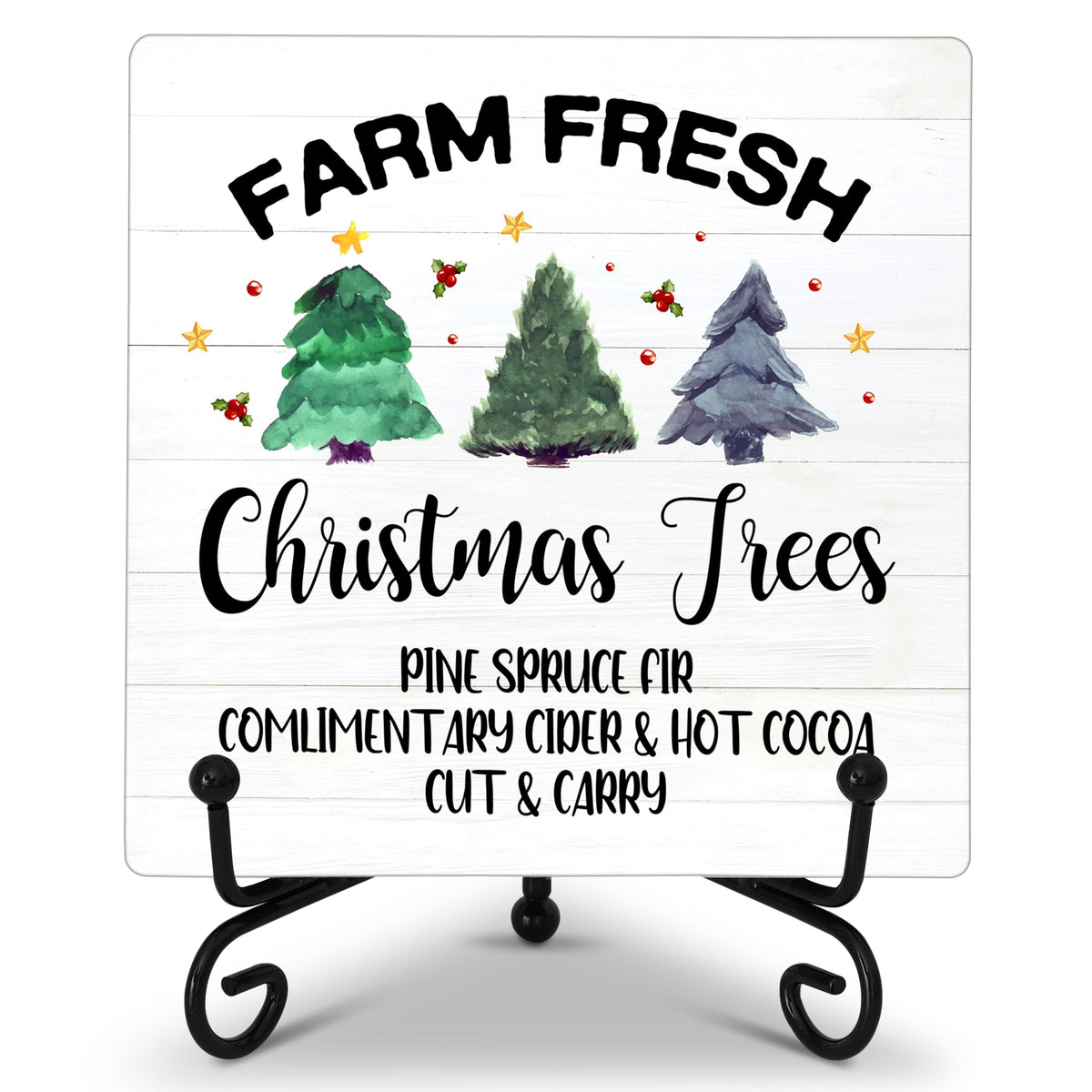 Cazhes Farmhouse Christmas Decor, Christmas Tree Sign Decorations for Home Bedroom, 5x5 Inches Wooden Xmas Decor with Iron Stand, Birthday New Year Gifts for Women-G04