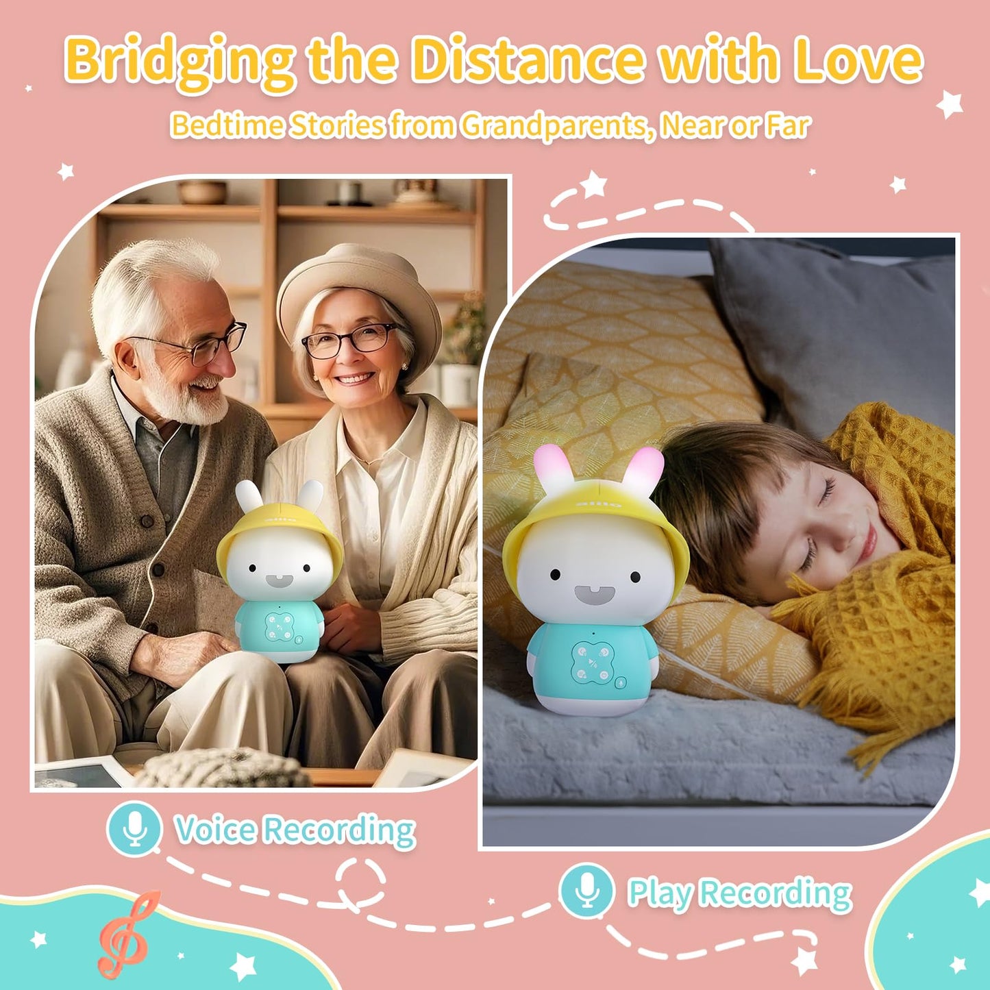 alilo Bunny Kids Music Player, Storytelling Toys for Toddler 1-3-5,Infant Baby Boy Girl Gifts Pre-Loaded 30 Stories/48 Nursery Rhymes/12 Soothing Music,with Nightlight,Bluetooth,Record Function