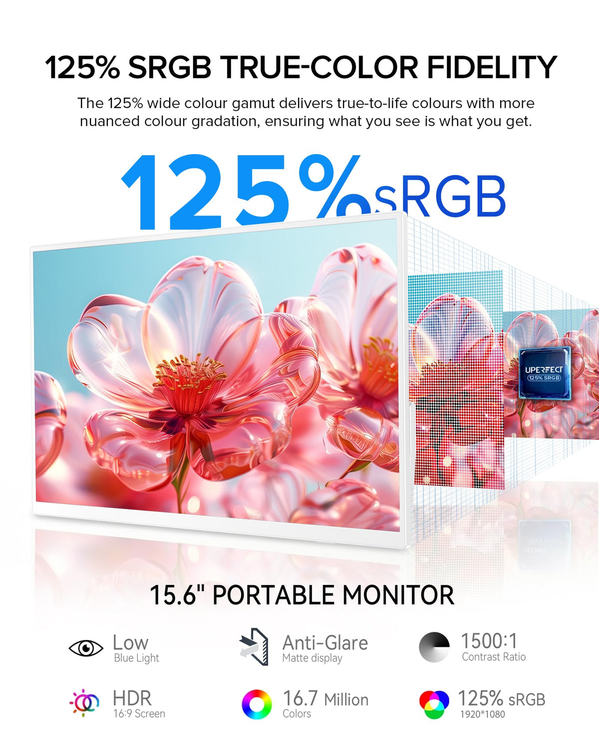 UPERFECT Portable Monitor 15.6", 125% sRGB 1080P Laptop Monitor, Ultra-Slim White Display, USB-C & MINI HDMI, 350 Nits, VESA & Case, Travel Small Second Screen for Computer, Mini PC, Game Consoles