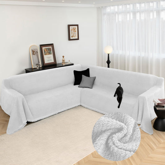 Arfntevss Corner Sectional Couch Covers L Shape Plush Sofa Cover with Tassel Thick Soft Couch Cover for Sectional Sofa U Shaped Slipcovers Washable Dog Furniture Protector (71" x 252", Pale Gray)