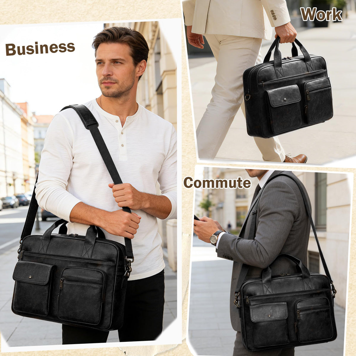 Yuni Sophy Briefcase for Men 15.6 Inch Laptop Messenger Bag Faux Leather Multi-Pocket Business Work Bag Waterproof Office Travel (Black)
