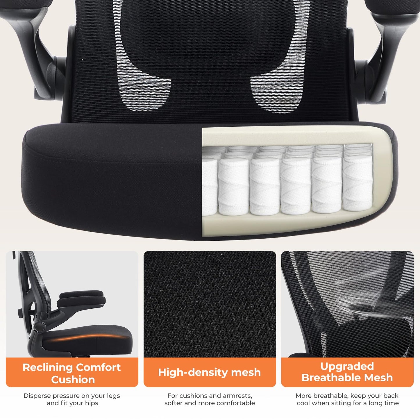 shipborne Office Chair Ergonomic Office Chair with Lumbar Support, Head Support, Rocking Function, FILP-up Armrests, Mesh High Back Chair Home Office Desk Chair, Suitable for Home, Office, Black