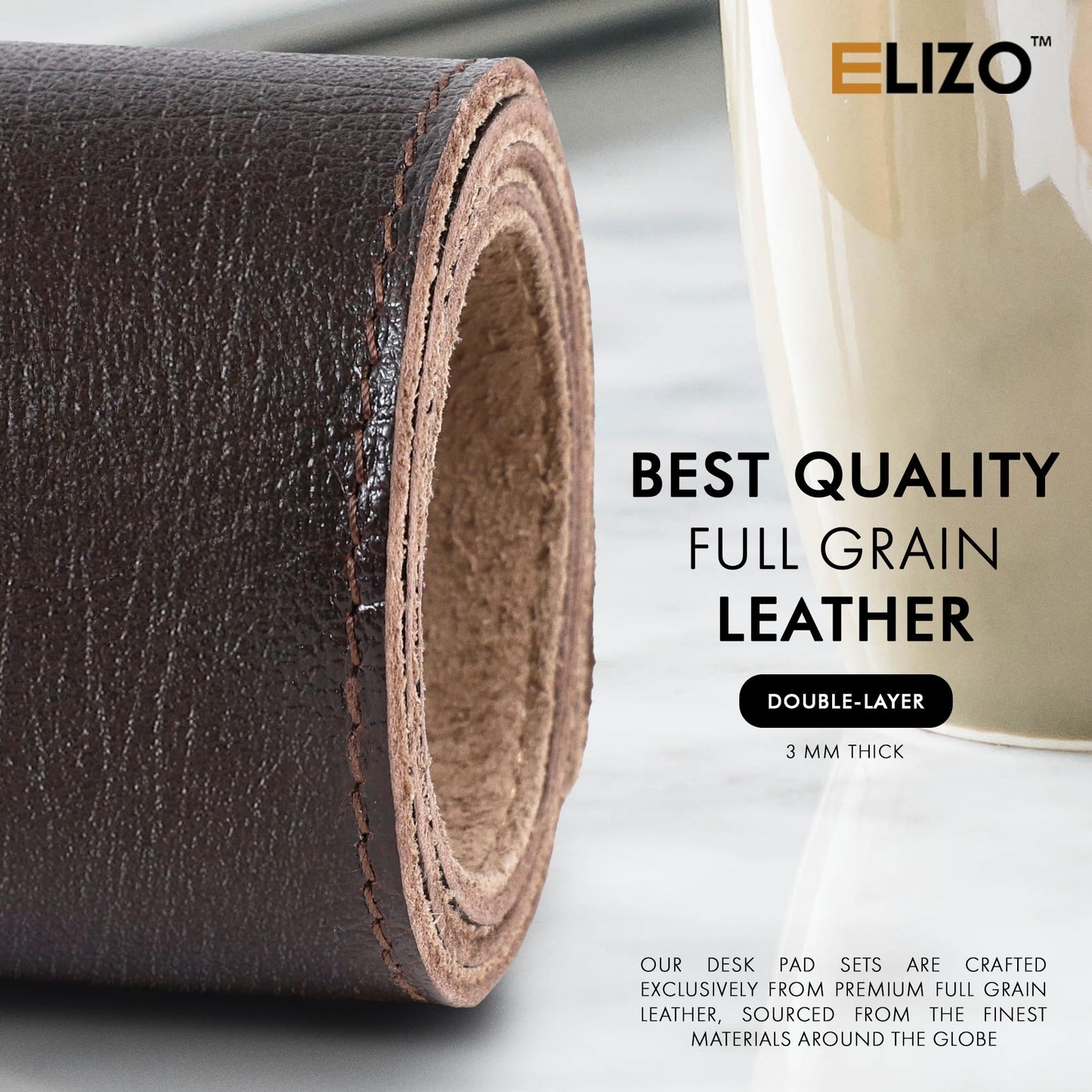 ELIZO Leather Desk Pad Real Leather Desk Mat Thick (3mm) Double Layer (32x16) Cover Blotter Desk Protector Large Computer Mat for Keyboard Mouse Pad Table Laptop Mat Office Accessories - Espresso