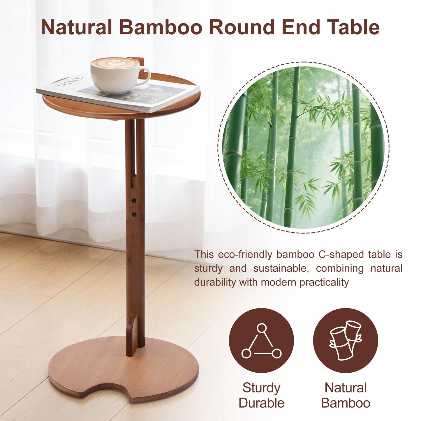 VELOHEIM Bamboo C Shaped Side End Table 18–26" Height Adjustable for Sofa