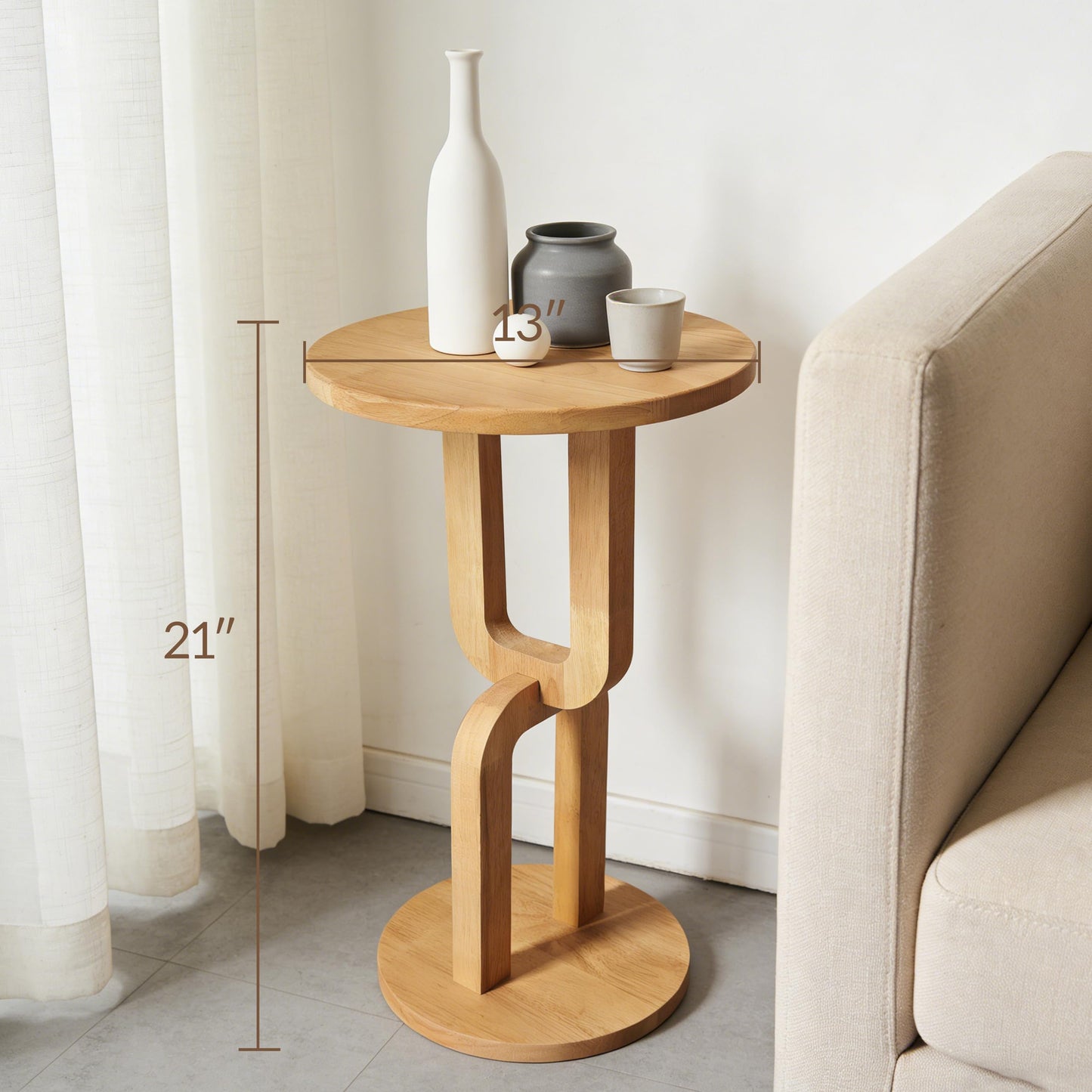 COVLON Solid Wood Small Round Side Table, Modern Accent End Table, Bedside Nightstand with U-Shaped Base for Living Room, Bedroom, Apartment and Small Spaces