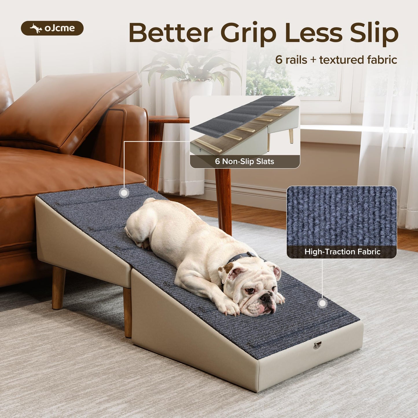 OJCME 2 in 1 Ottoman Dog Ramp with 6 Fabric-Covered Anti-Slip Grip Rails, Paw-Friendly Full Fabric Surface, 15.7 in Wide Stable Folding Pet Ramp Stool for Couch Bed, 4 Leveling Feet, 150 lb Capacity