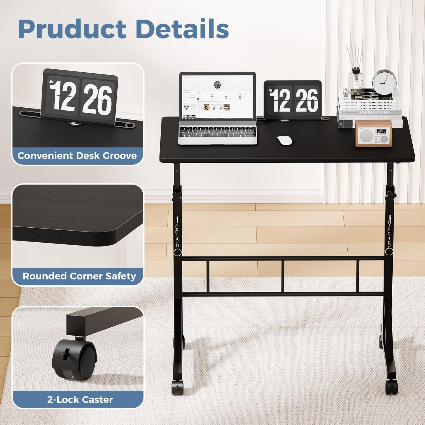 DUMOS 31.5" Adjustable Height Mobile Desk with Locking Wheels & Pin-Lock, Portable Workstation for Walking Pad & Active Home Office, Small Bedroom Desk, Black
