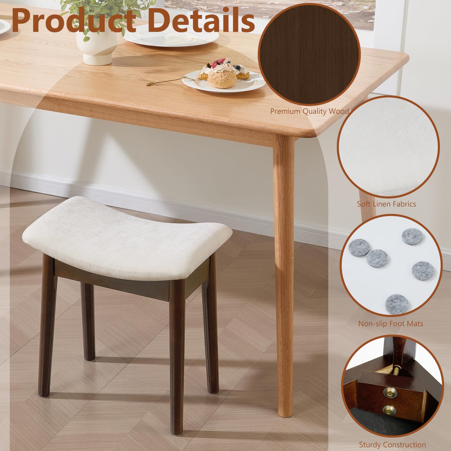 Royal Windsor Vanity Stool with Saddle Cushion, 18 Inch Makeup Vanity Chair for Living Room, Modern Foot Stool Ottoman Piano Bench,Small Upholstered Bench for Bedroom, White