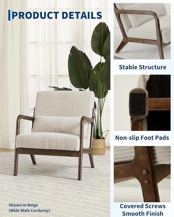 Garvee Mid-Century Modern Accent Chair, Fine Wale Corduroy Upholstery, Solid