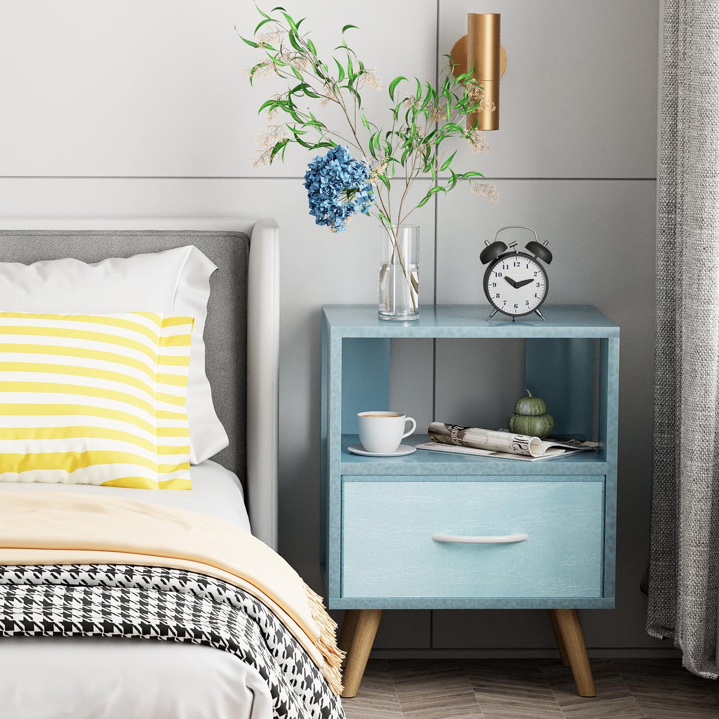 Aenuert Night Stand, Blue Kids Nightstand with Drawer, Nursery Side Table with Open Storage, 2-Tier Modern End Table, Bedside Table for Small Space, Living Room, Bedroom