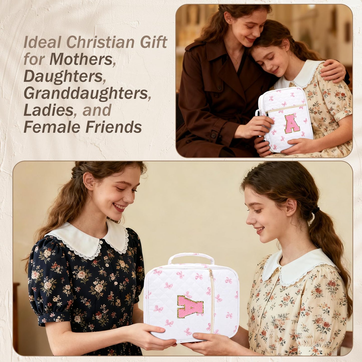 XKDOUS Bible Cover for Women Quilted Bible Bag Church Book Carrying Case with Letter A, Handle, Study Supplies Organizer Portable Church Book Carrier Christian Gifts for Mom, Lady