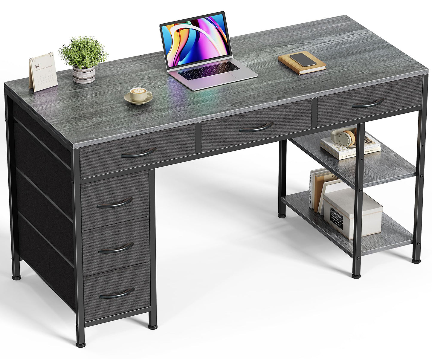 Huuger Computer Desk with 6 Drawers, Office Desk with Shelves, Reversible Gaming Desk, Corner Desk with Storage, Work for Home Office, Study, Living Room, 47inch, Grey