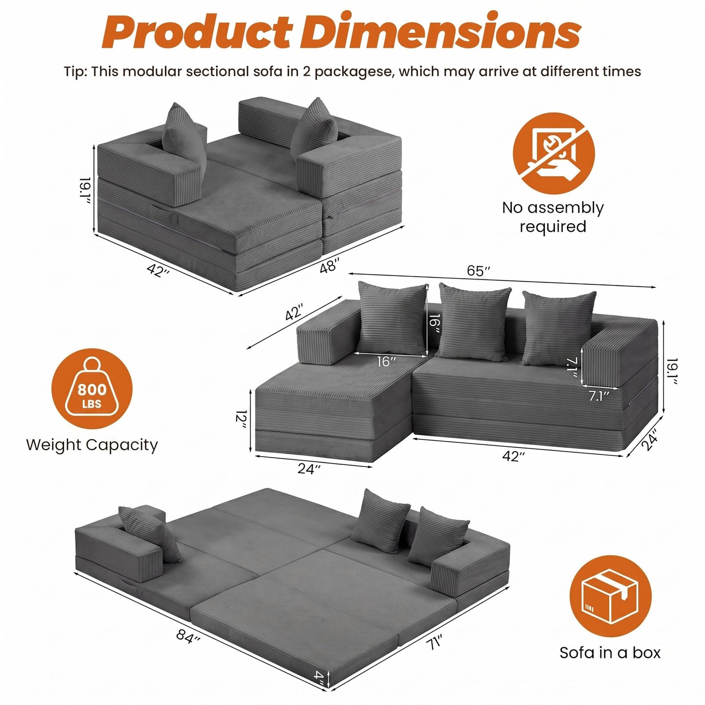 feliz home 6-in-1 Tri-Folding Mattress | Cloud Boneless L-Shaped Modular Sectional Couches | Corduroy Pet-Friendly Convertible Futon Sofa Bed with 800LB Capacity Apartment, Guest Room, Game Room