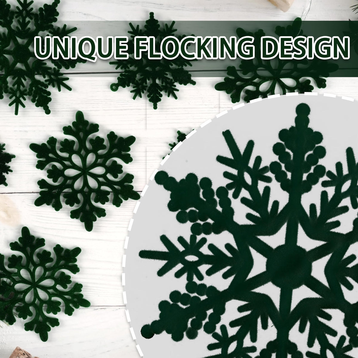 36pcs Dark Green Flocked Christmas Snowflake Ornaments, Hanging Velvet Snow Flakes for Christmas Tree Decorations Winter Wonderland Frozen Birthday Party Holiday Home Decor Craft Snowflakes