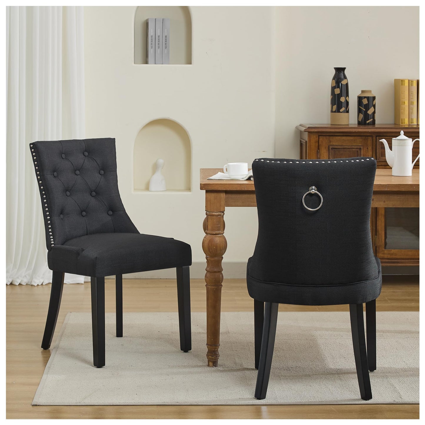 UDAX Modern Leisure Linen Dining Chairs Set of 4, Upholstered Dining Chair with Solid Wood Legs, Mid-Century Dining Room Chairs with Pull Ring and Tufted Backrest, Black