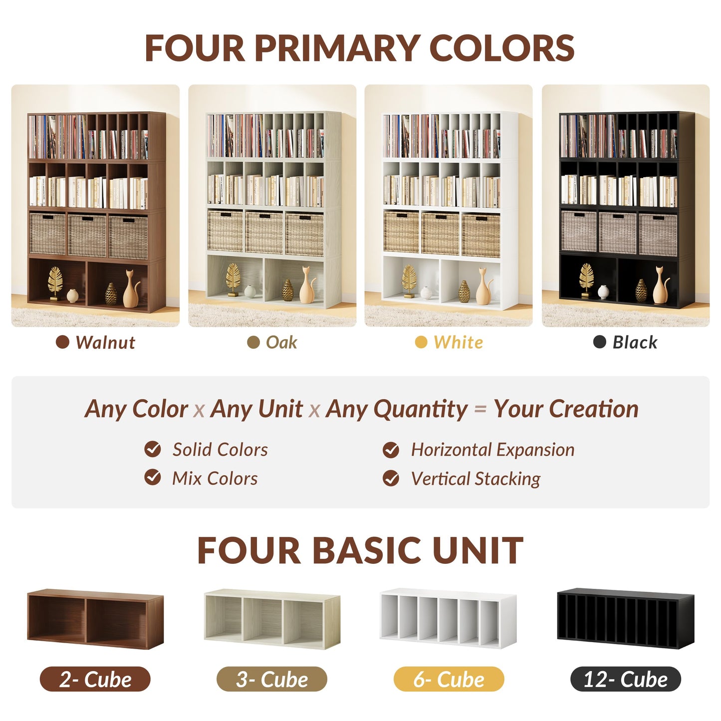 IOTXY DIY Modular Cube Bookcase - CubeXY Customizable Stackable Expandable Combination Set, 23-Cube Open Bookshelf for Books, Fabric Storage Bin, and 7/10-inch Vinyl Record Organizer, Walnut