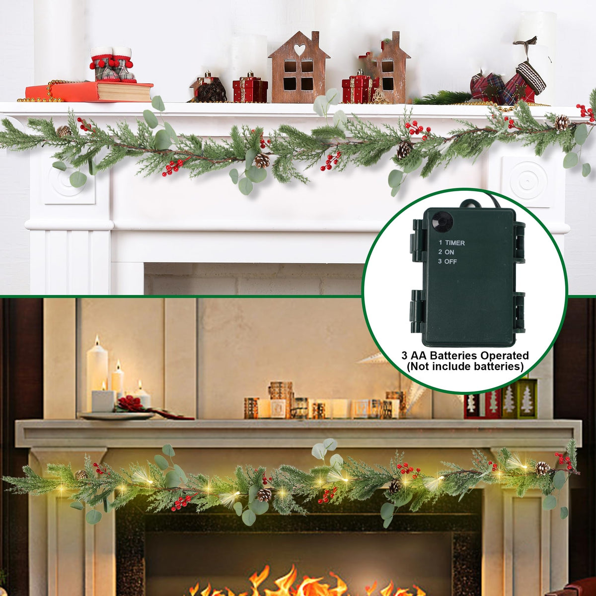 DR.DUDU Christmas Garland Decorations, 6FT Garlands with Lights Timer Indoor Decoration Pre-Lit Green Garland with Pine Cones Red Berry for Mantle Outdoor Fireplace Stairs Holiday Winter Decor