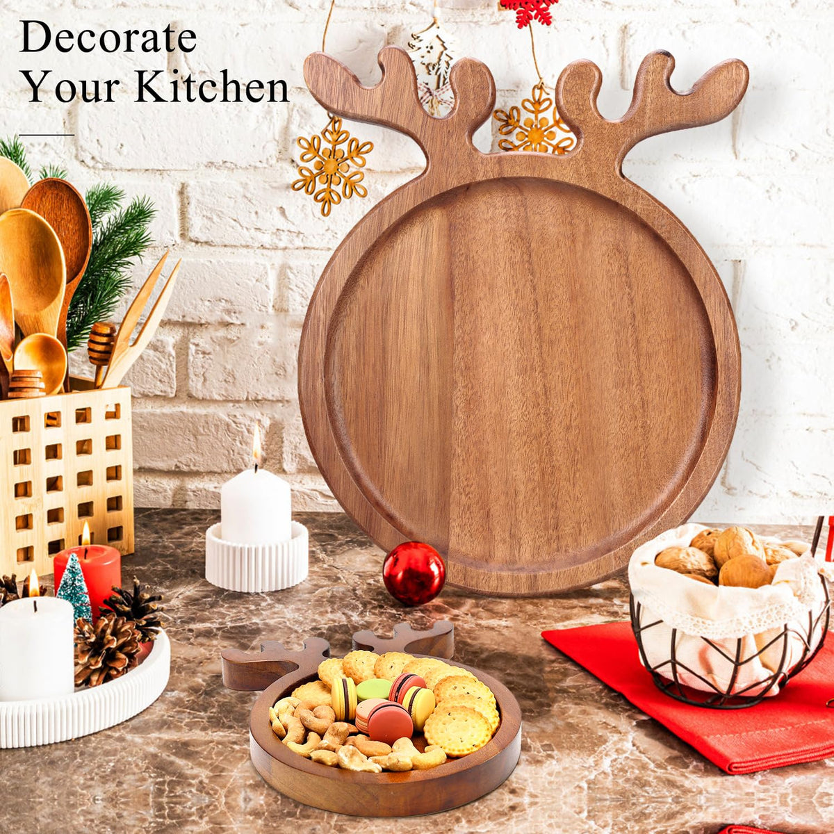 15"x12" Large Acacia Wood Christmas Decorative Veggie Tray Round Serving Platters Wooden Cheese Charcuterie Board Xmas Dinner Plate Dish Festive Fruit Tray Charger Plates for Christmas Holiday Platter