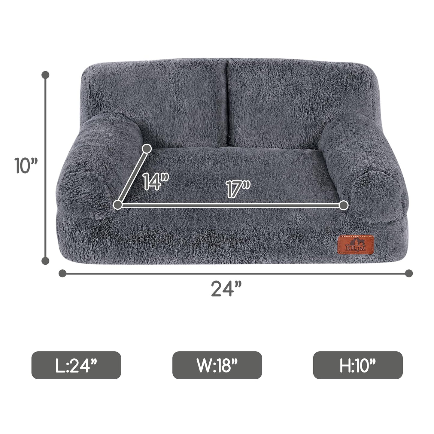 Hollypet Fluffy Dog Cat Bed Pet Couch Beds Plush Soft Warming Machine Washable Puppy Bed with Non-Slip Bottom for Cats and Small Medium Dogs up to 25 lbs, Gray, 24" L x 18" W x 10" Th