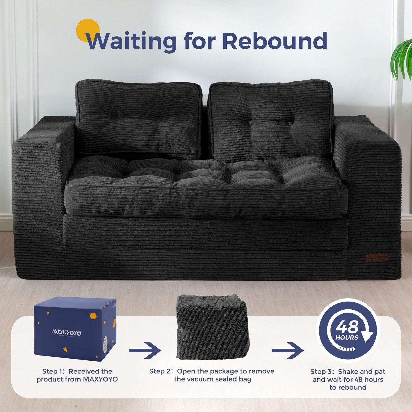 MAXYOYO Convertible Sofa Bed, Pull Out Loveseat Sofa Couch, 2 in 1 Folding Couch Bed, Fold Out Floor Couch with Pillows for Living Room Bedroom Lounge, Black