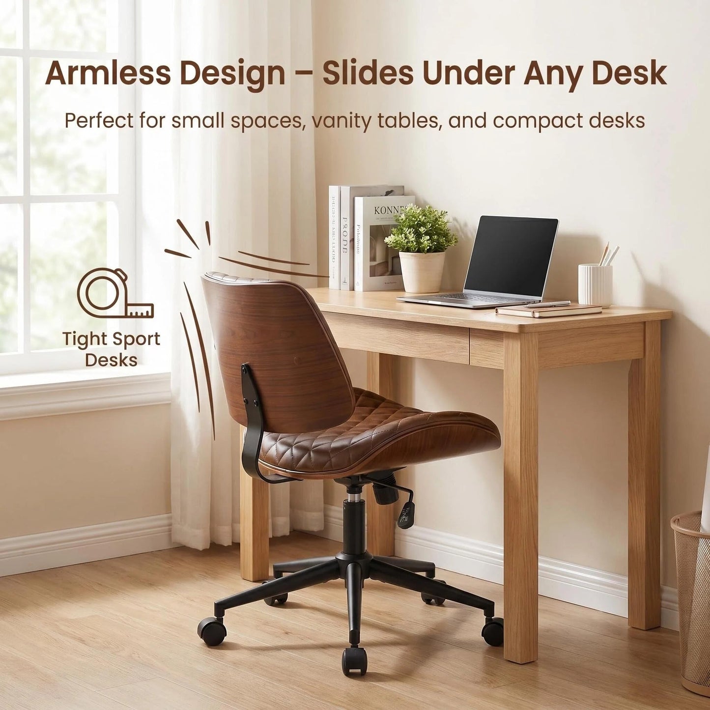 Furnimart Armless Small Desk Chair with Wheels, 360° Swivel Faux Leather Vanity Chair for Bedroom, Compact Home Office Task Chair for Small Spaces, Heavy-Duty Wood Frame(PU Brown)
