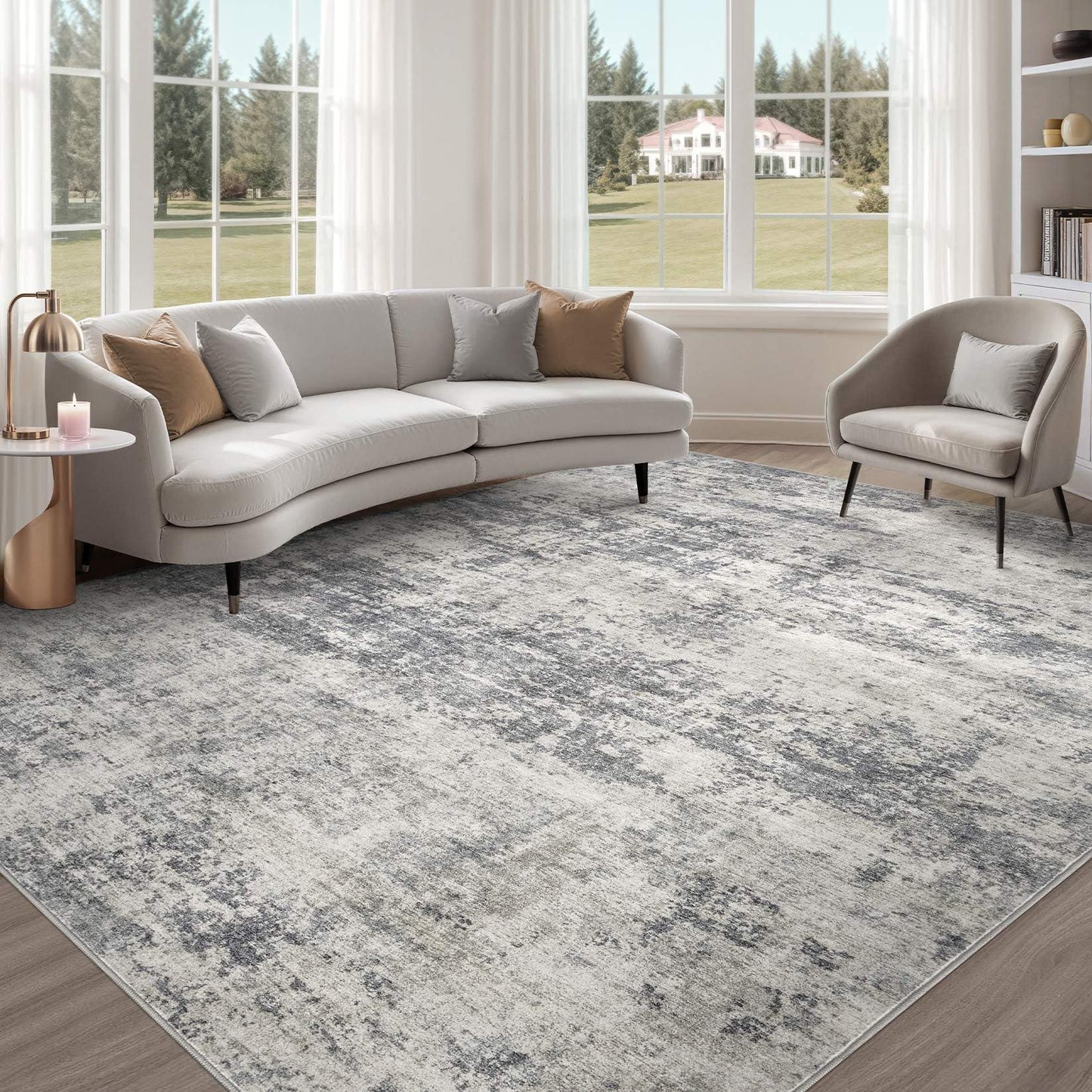 TARANCH Abstract 6x9 Area Rug: Machine Washable Non Slip Ultra Thin Low-Pile Carpet, Soft Stain Resistant for Living Room Bedroom Nursery, Kid Pet Friendly, Robot Vacuum Compatible - Grey Beige