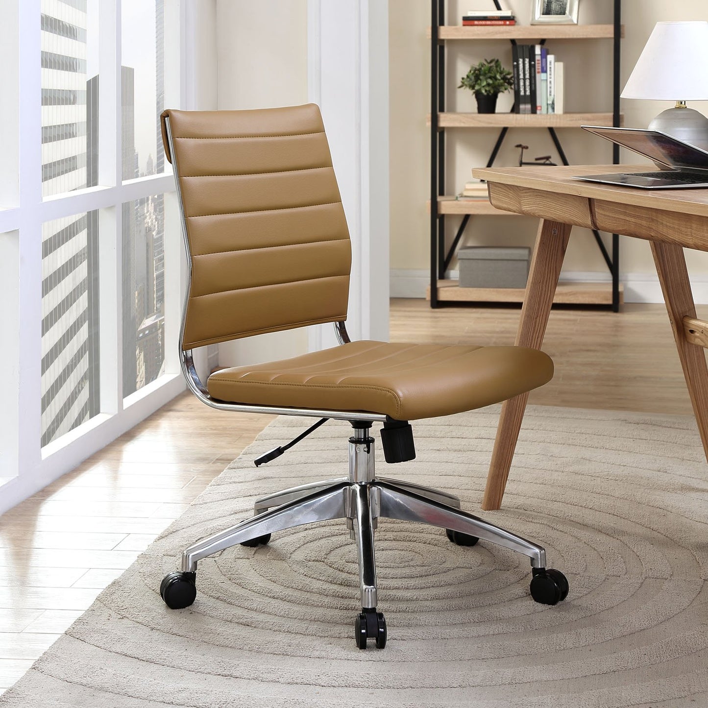 Modway Jive Ribbed Armless Mid Back Swivel Conference Chair In Tan