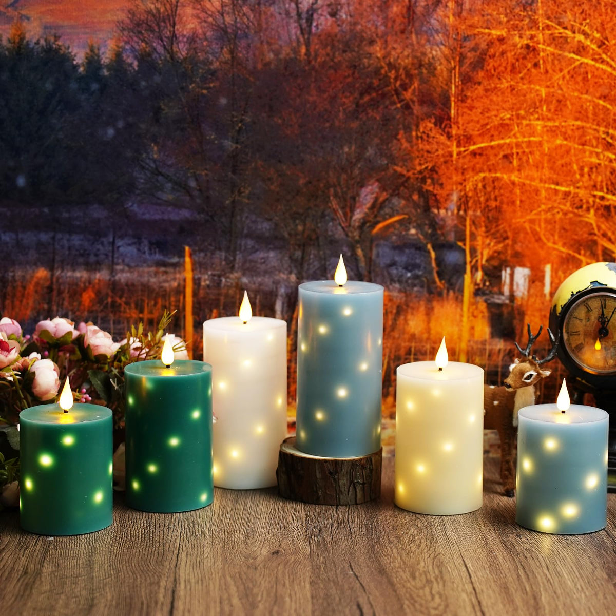 JINYANIA Flameless Candles with Embedded Star String, Real Wax Battery Operated Candles with Remote Timer, Flickering Pillar LED Candle Set for Home Decor Romantic Ambiance （Green）