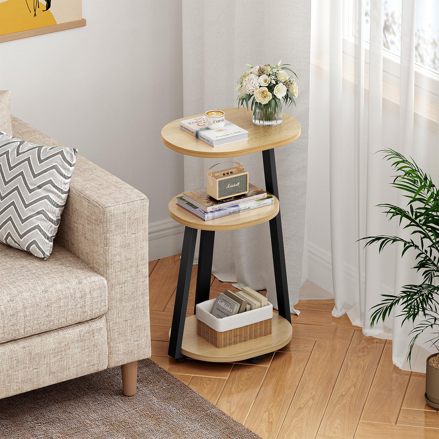 Kalrin Side Table, Small End Table with Metal Frame, 3-Tier Bedside Tables, Round Side Tables for Living Room Bedroom Couch Bathroom, Oval, Modern Oak