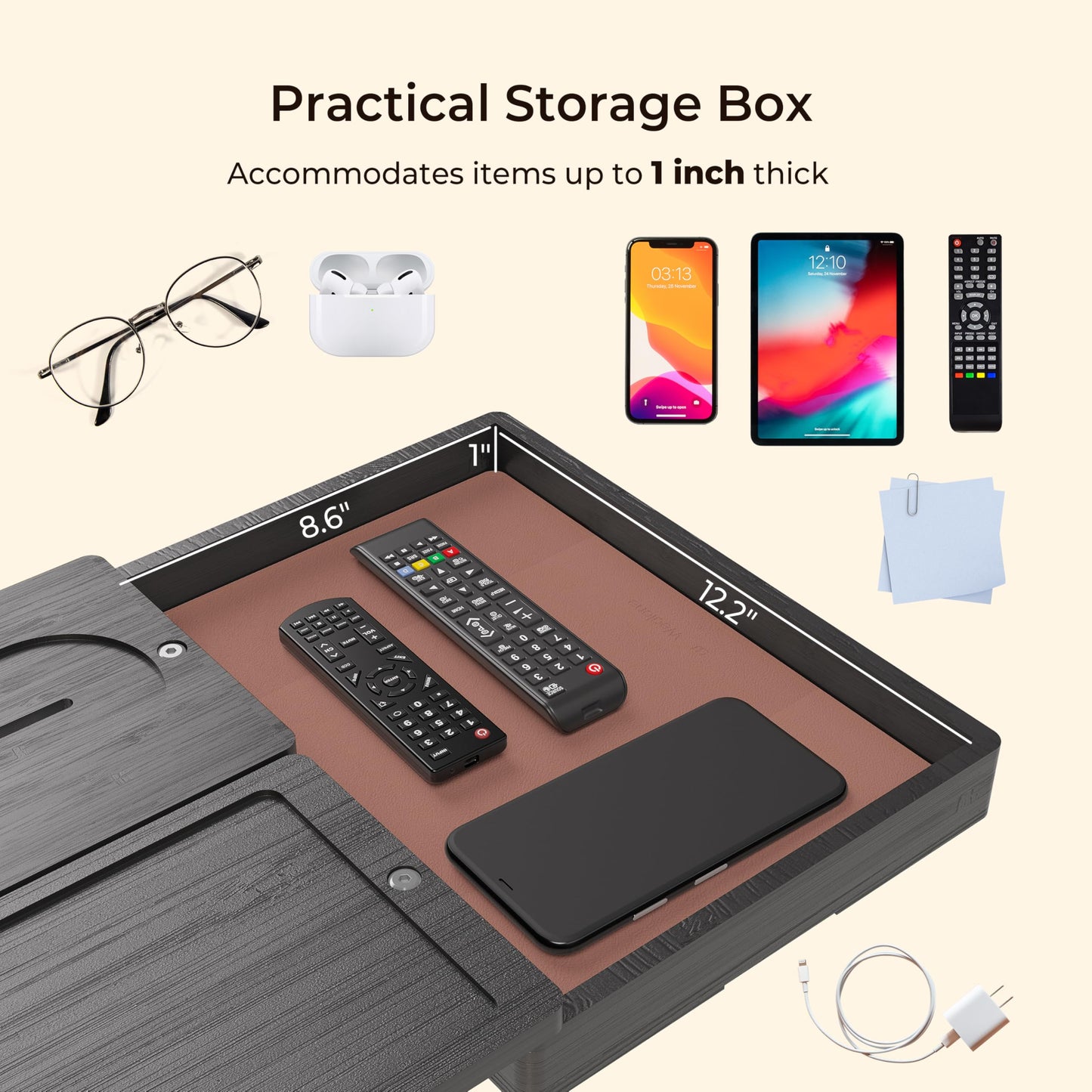 Wealone Black Couch Arm Tray with 2 Rotatable Tray, Adjustable Sofa Arm Clip Table with Storage Box & 360° Phone Holder, Bamboo Couch Armrest Table for Snacks, Drinks or Dining