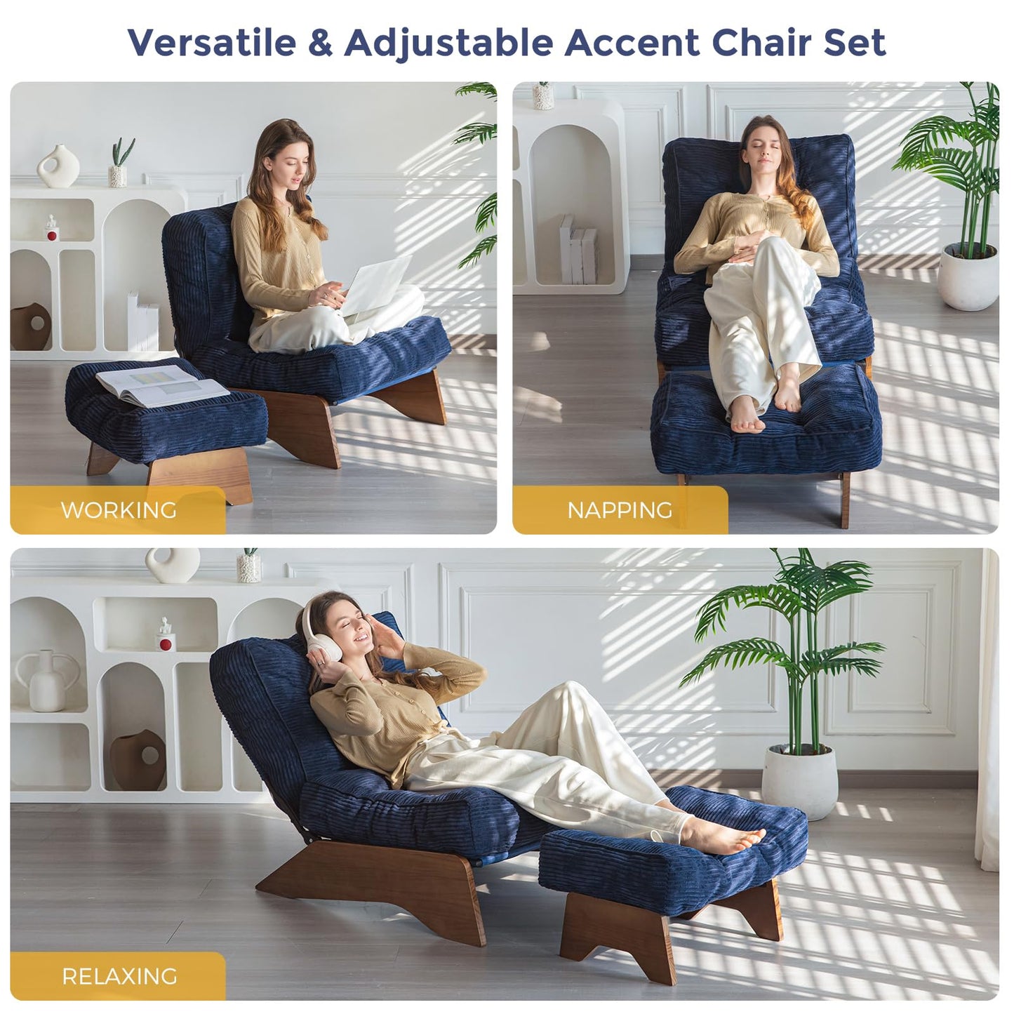 MAXYOYO Accent Chair with Ottoman Adjustable Backrest, Tufted Living Room Chair Upholstered Lounge Chair with Footrest Set, Modern Chair Cozy Reclining Chair for Reading Room, Navy