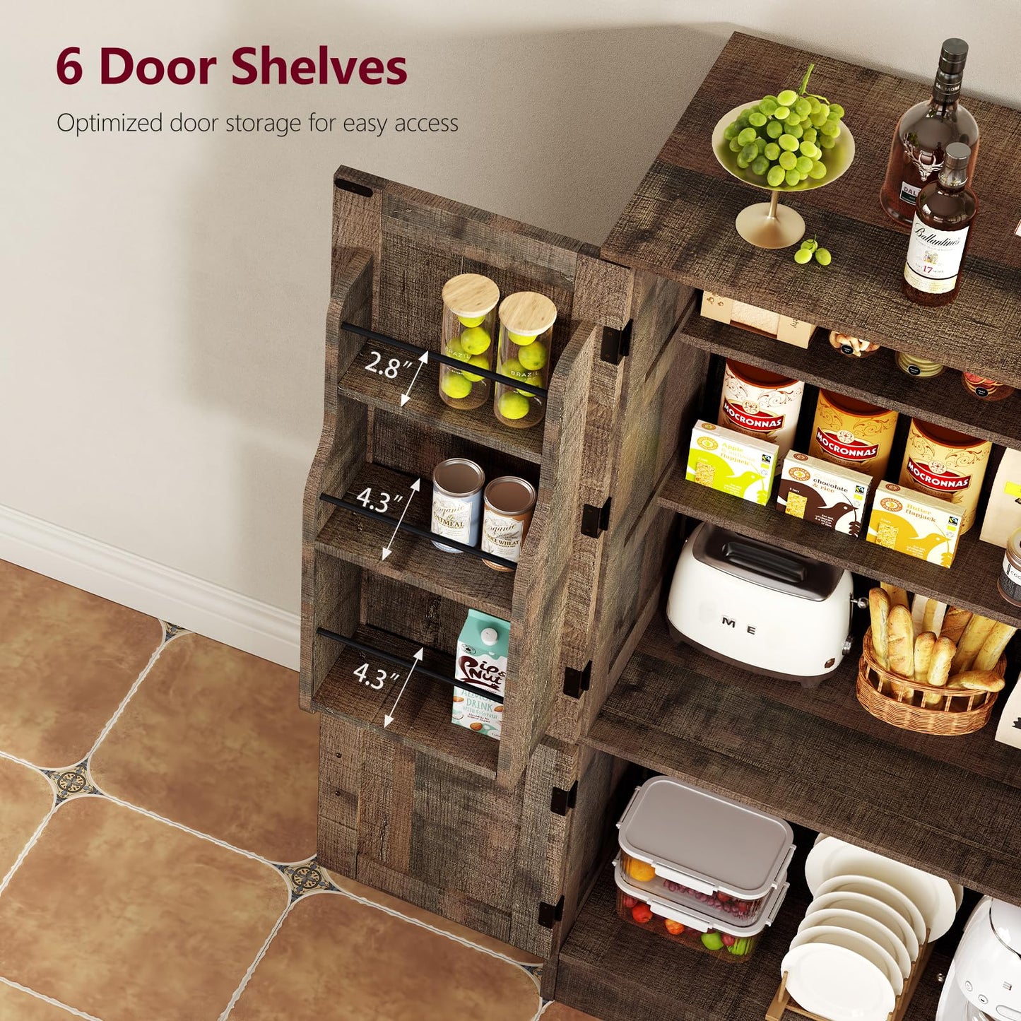 TEENFON Storage Cabinet with 4 Doors, 43.3" H Farmhouse Kitchen Cabinet with 6 Door Shelves, Kitchen Storage Cabinets with Adjustable Shelves, for Living Room, Antique Oak