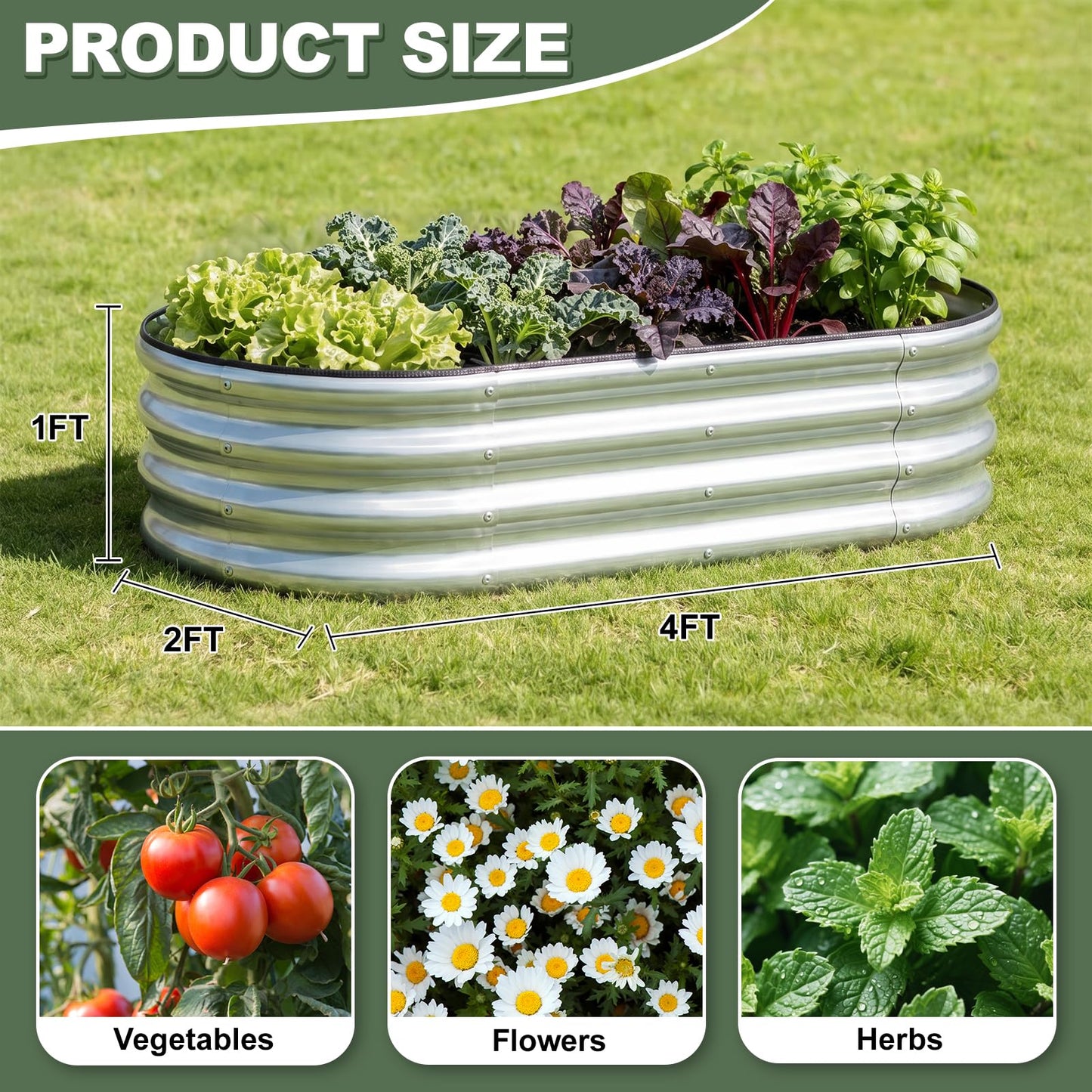 1MORE Galvanized Raised Garden Bed- Planter Garden Boxes Outdoor, Raised Beds for Gardening, 4x2x1ft Metal Garden Bed Kit for Vegetables Flower, Planter Raised Bed with Protective Tape & Tools.Silver