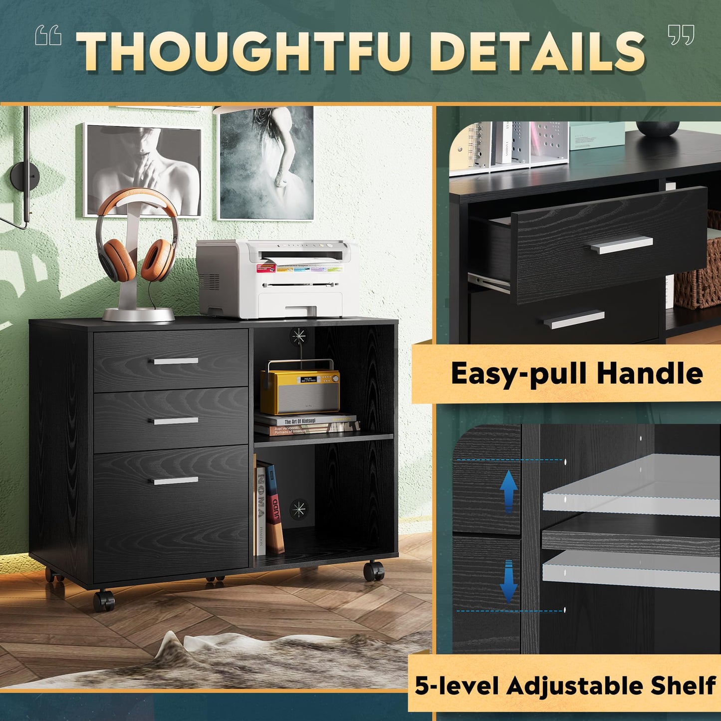DEVAISE 3 Drawer Mobile File Cabinet, Wood Lateral Filing Cabinet, Printer Stand with Open Shelves for Home Office, Black