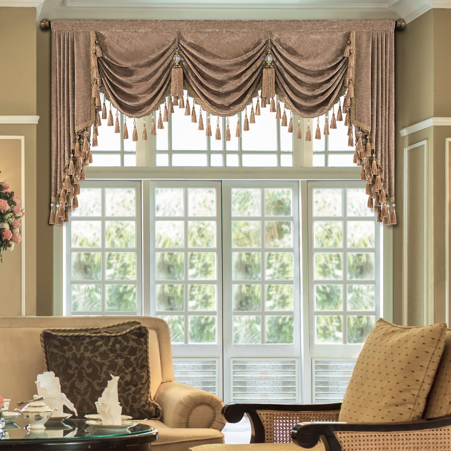 Loom and Mill Thick Chenille Waterfall Valance for Living Room, Luxury Swag Valances with Multi-Tassels & Pendants, Coffee Swag Curtains for Bedroom Kitchen Dining Room Window Decor(W79Inch,1 Panel)