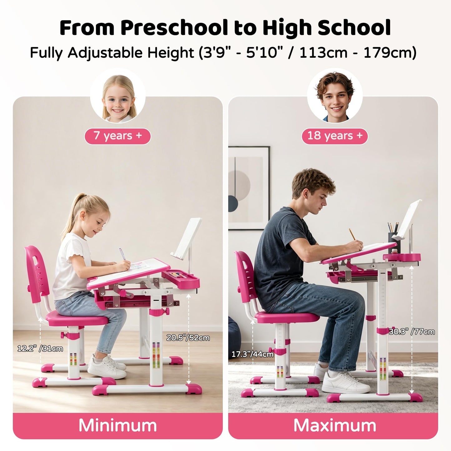 Diroan Kids Functional Desk and Chair Set, Ergonomic Height Adjustable Children School Study Desk with Tilt Desktop, Book Stand, LED Light, Metal Hook and Storage Drawer for Boys Girls(Pink)