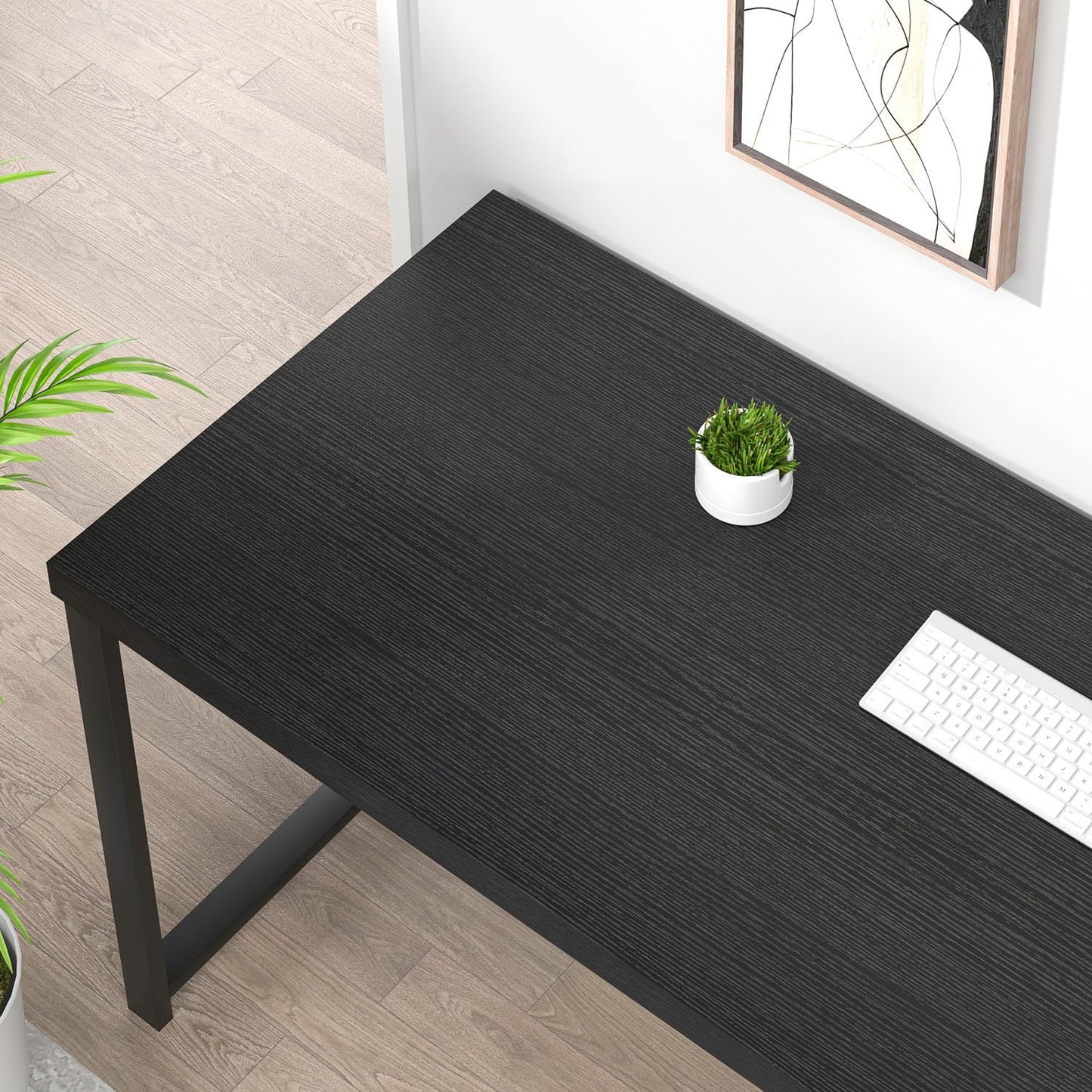 EXCEFUR Black Desk, Modern Computer Desk for Home Office, Metal Wood Writing Study Table Workstation with Storage Shelf for Living Room, Bedroom, 53 Inch
