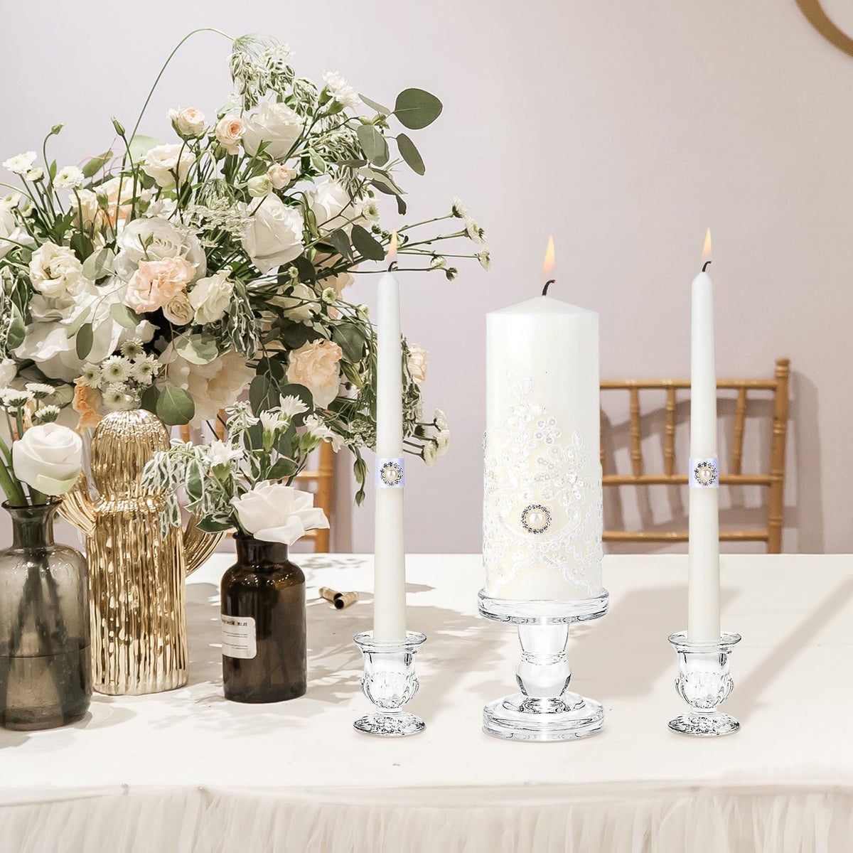 Unity Candles with Glass Candle Holder for Wedding Ceremony - Unity Candle Set Wedding Candles for Ceremony, Unity Ideas for Religious Anniversary Newlyweds Unity Candle Gifts
