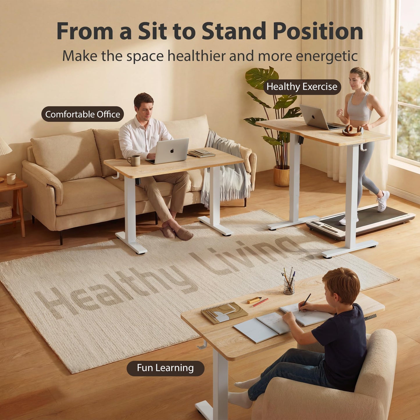 Cubiker Standing Desk, 55x28 Inches Sit Stand Home Office Desk, Electric Stand up Desk, Adjustable Desk with Splice Board, White Frame/Maple Top