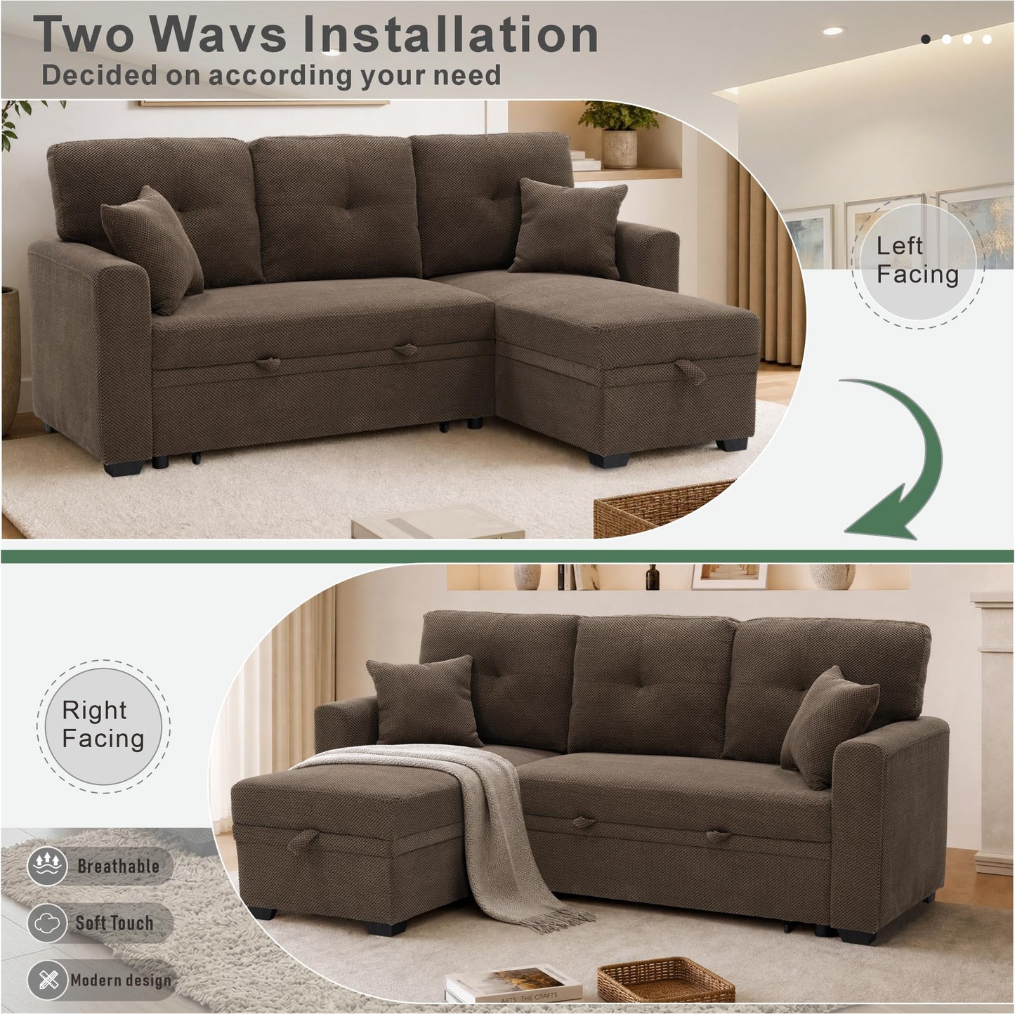 WuerQi 71" Sofa Bed with Queen Size Pull Out Couch, Sectional Sleeper Sofa with Reversible Storage Chaise, L Shaped Couch for Living Room, Apartment and Small Spaces (Coffee-L Shaped)