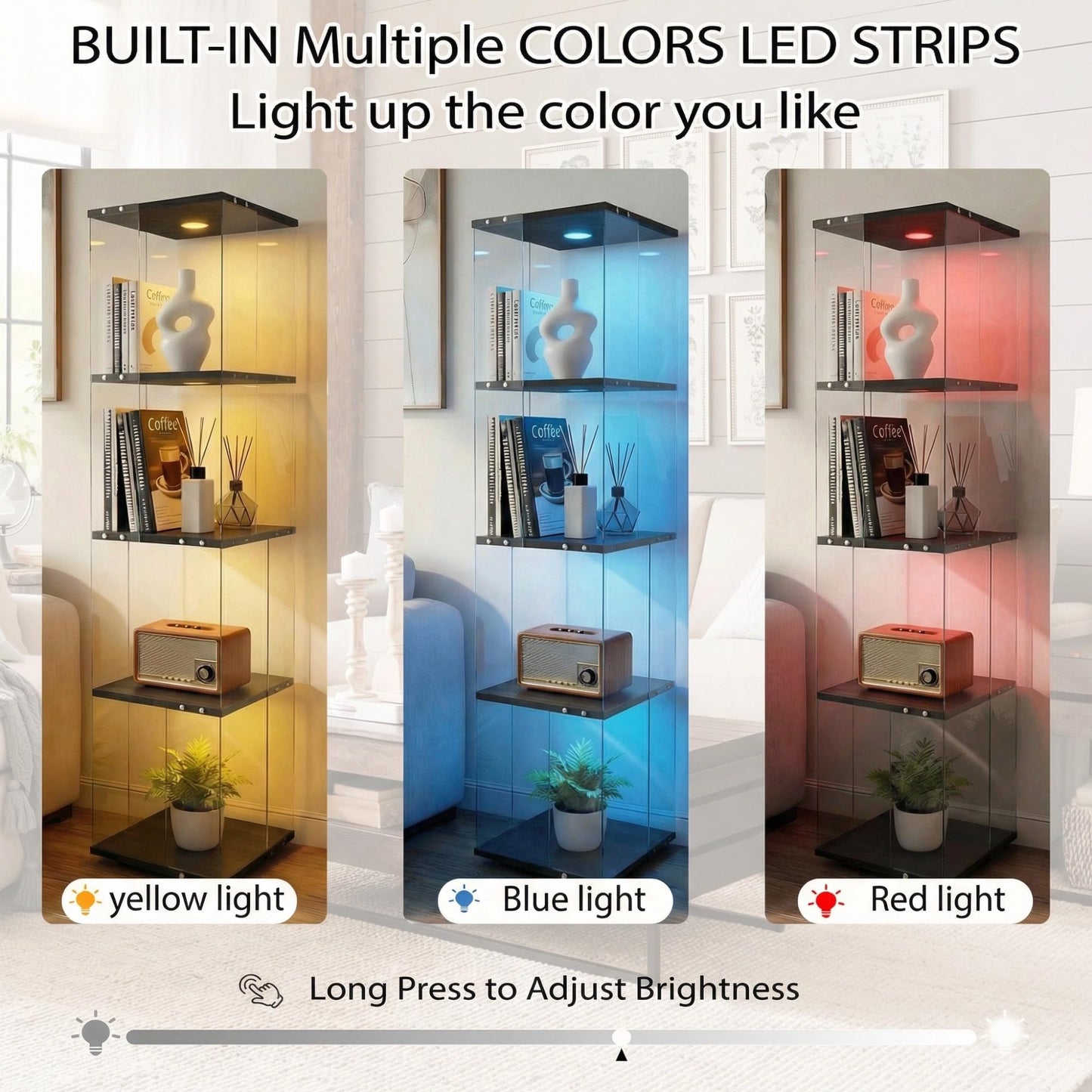 ZIHUASHENG 360° Rotating Glass Display Cabinet with LED Lights, Tempered Glass Curio Cabinet with Rotating Base, Modern Display Case for Collectibles, Figurines, Home Decor-Black