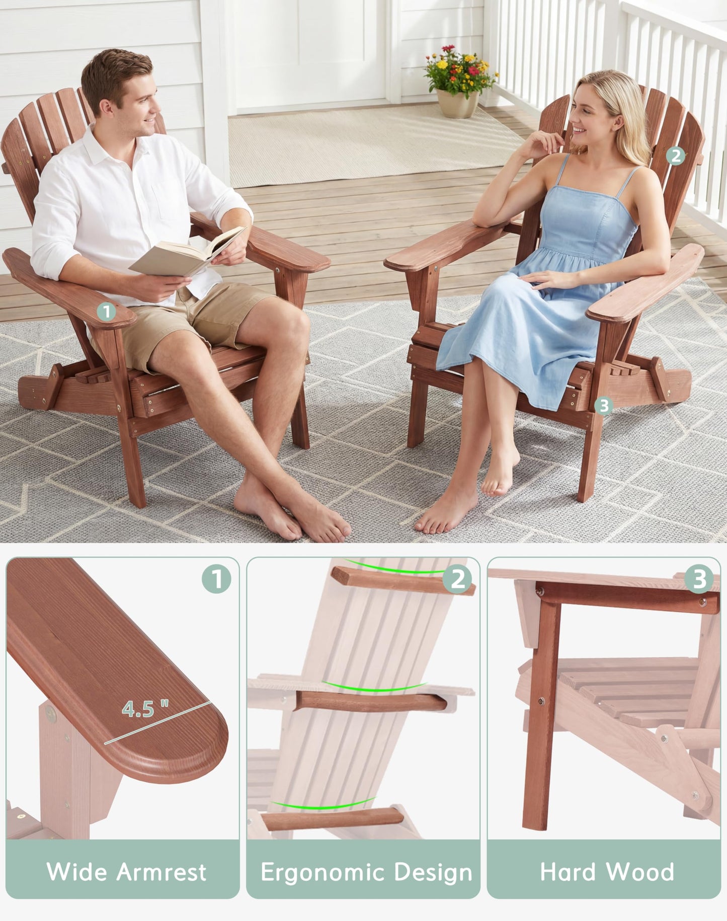 Wooden Folding Adirondack Chair Set of 2, Half Pre-Assembled Wood Lounge Chair for Outdoor Patio Garden Lawn Backyard Deck Pool Beach Firepit