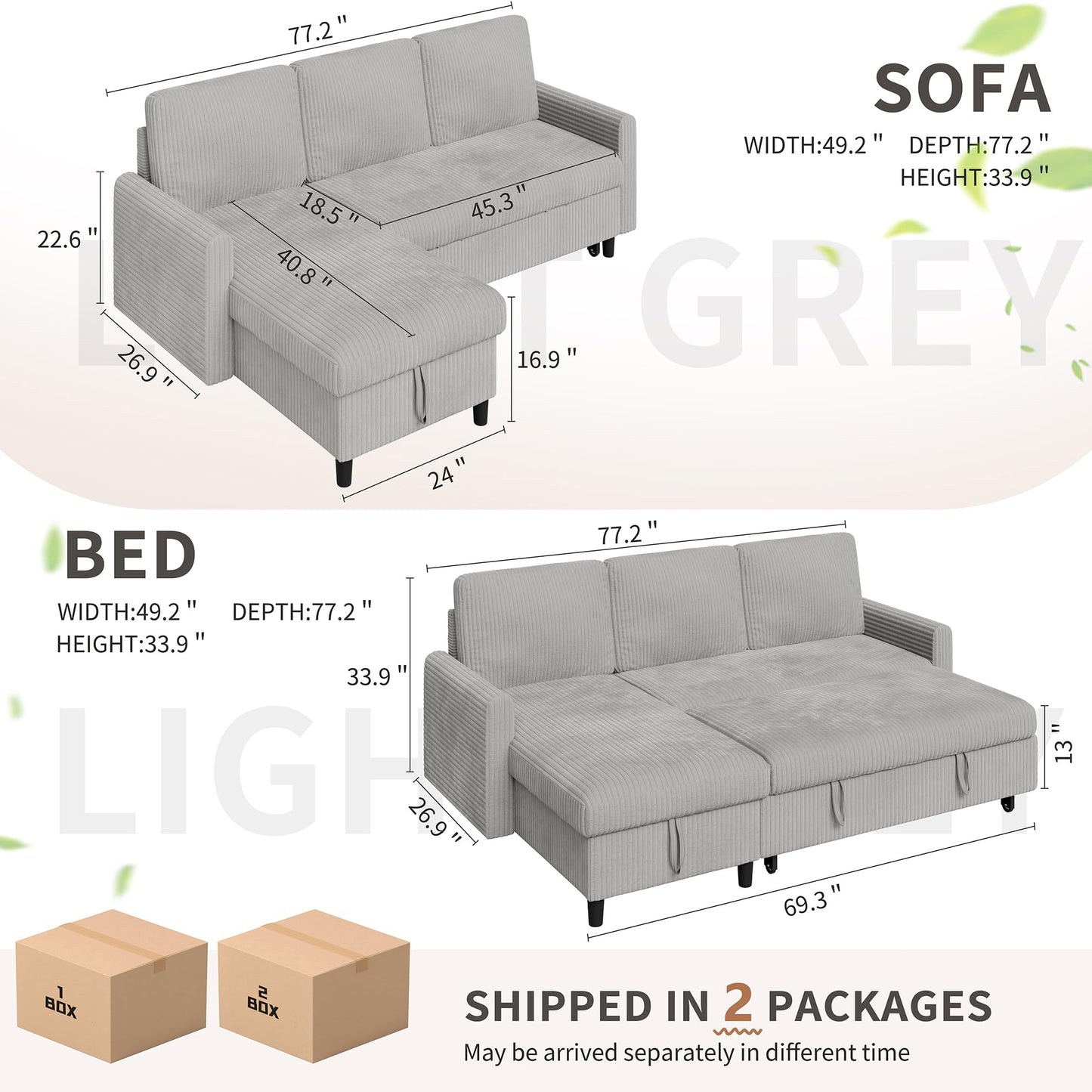 Walsunny 77" Sectional Sleeper Sofa with Pull Out Bed, Modern L-Shaped Corduroy Convertible Couch with Storage Chaise, Reversible Sofa Bed for Small Spaces, Apartment, Office, Light Grey