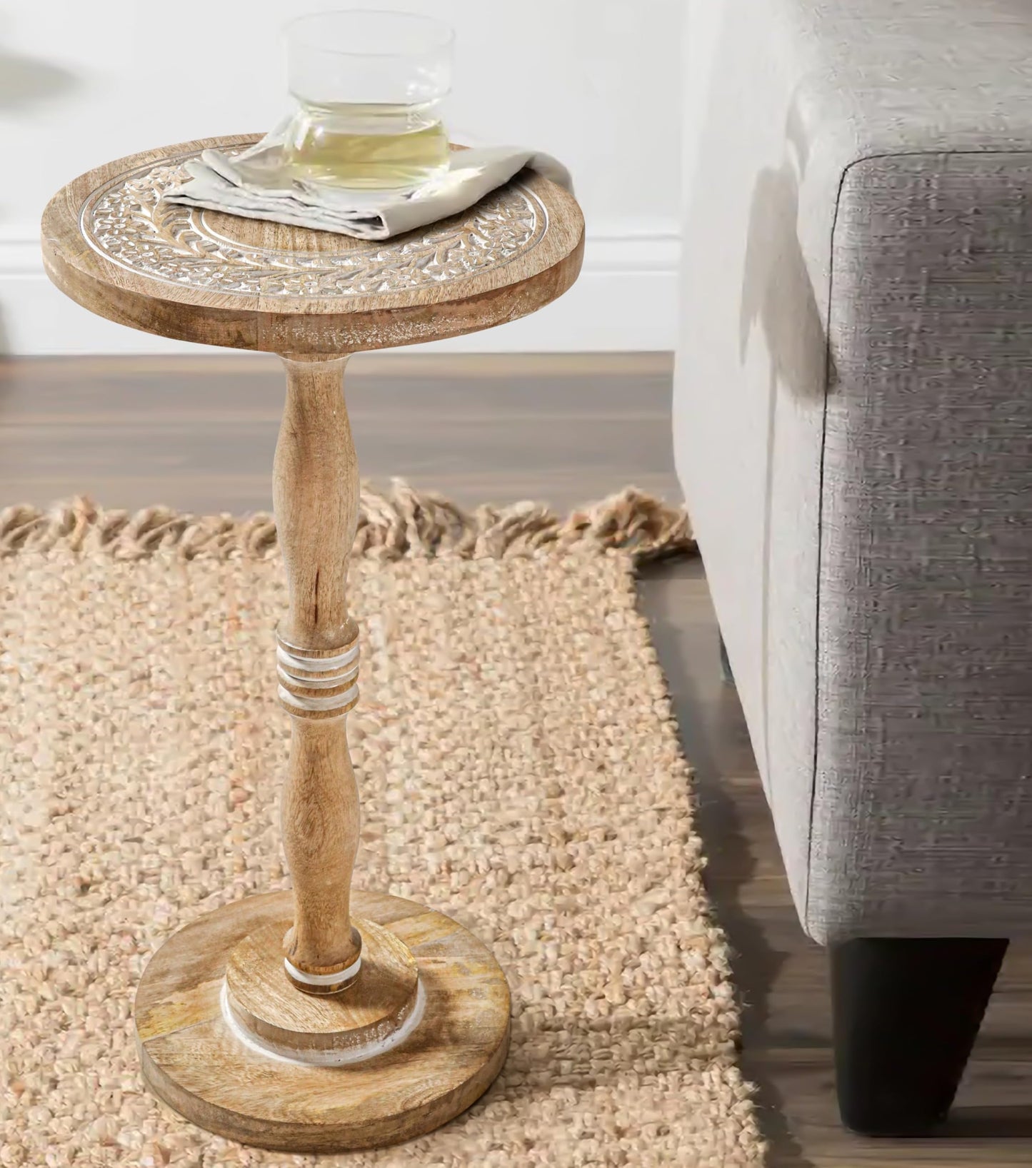 The Wooden Town Hand-Carved Solid Wood End Table - 12x22 White Wash Finish Accent Side Table for Living Room, Bedroom Nightstand, Small Pillar Table for Plants or Décor