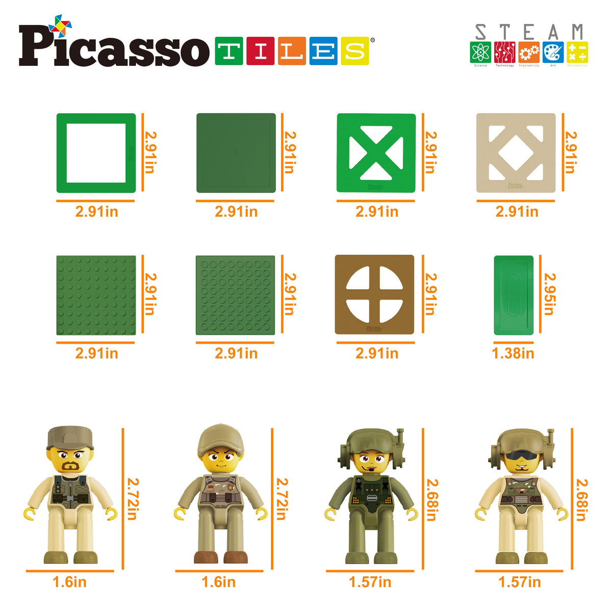 PicassoTiles Magnet Tile Building Brick Blocks Military Combat Force Theme Magnetic Tiles Construction Block Playset 4 Character Action Figures with Weapons Interlocking Bricks STEM Toy Ages 3+ PTL18
